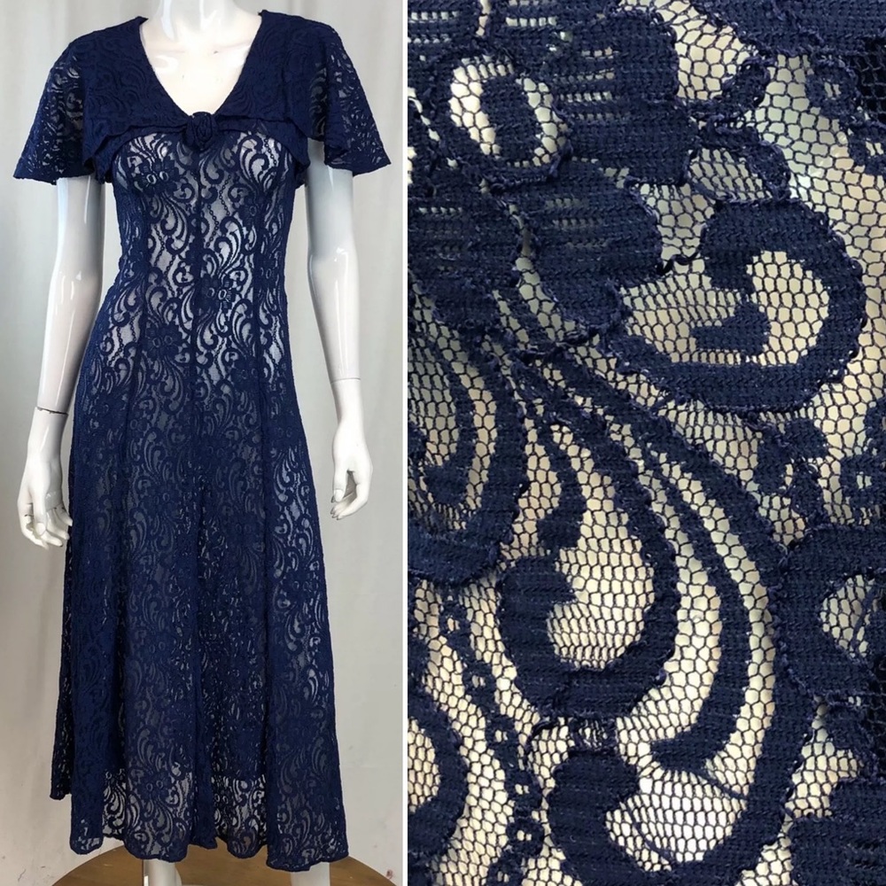 VTG 80s 90s 'ALL THAT JAZZ' BLUE WHITE FLORAL GRUNGE PRAIRIE BOXY MIDI DRESS S 8 main image 0